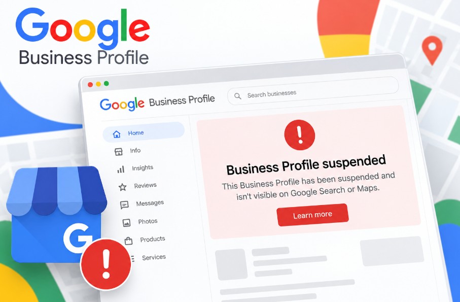 Suspended Google Business Profile notice on a phone next to a GST certificate and a shop signboard