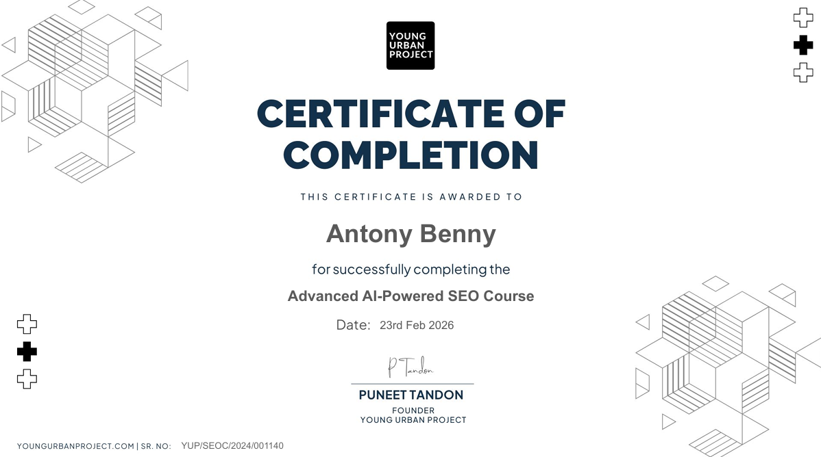 Antony Benny's Advanced AI-Powered SEO Course completion certificate from Young Urban Project